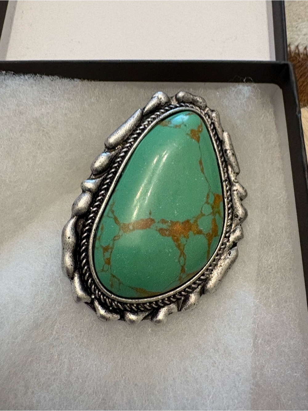 Turquoise Stone Decorative Ring - Silver Tone